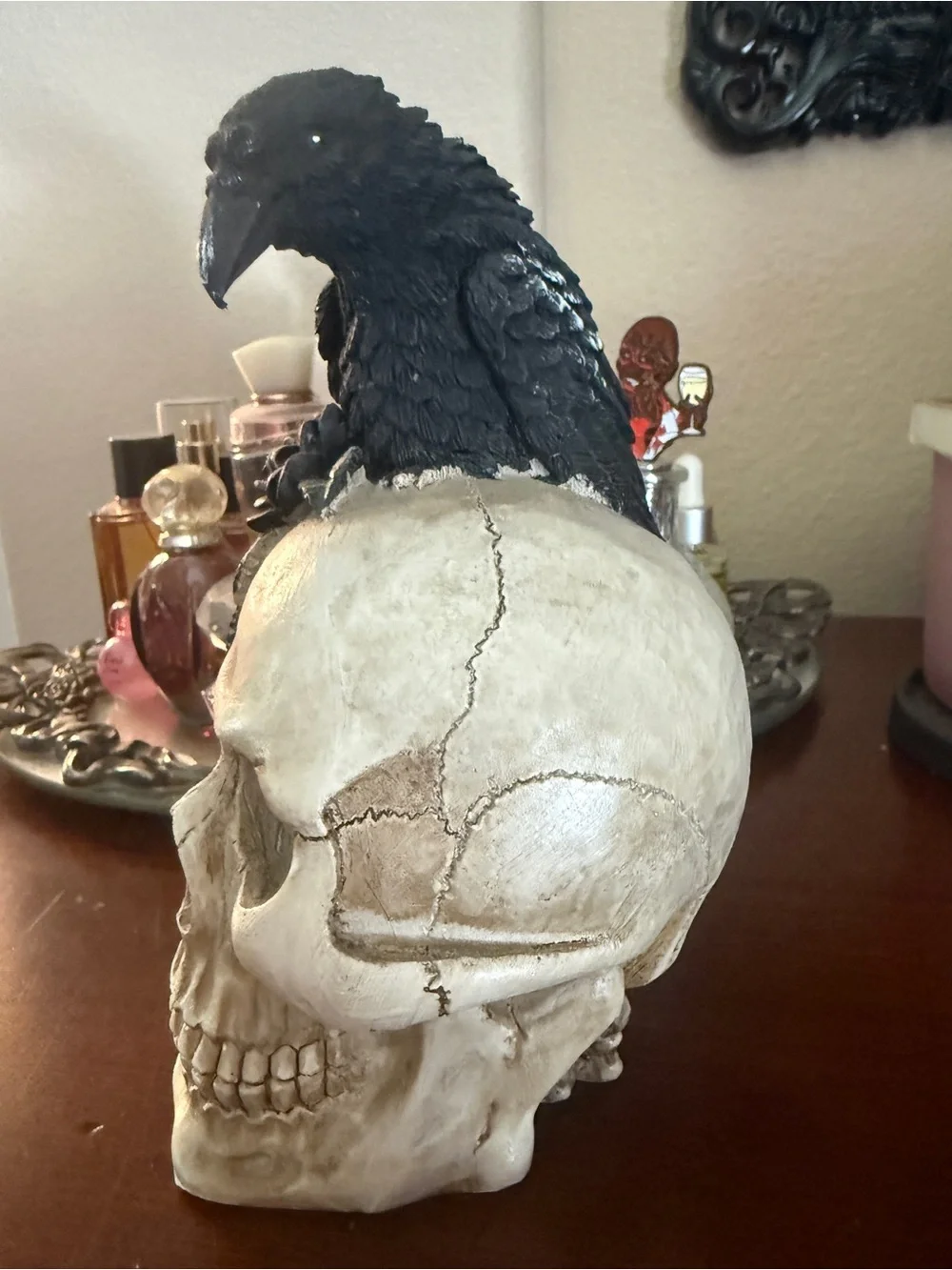Decorative Ivory Skull Accent with Black Raven and Purple Flowers - Picture 2 of 5